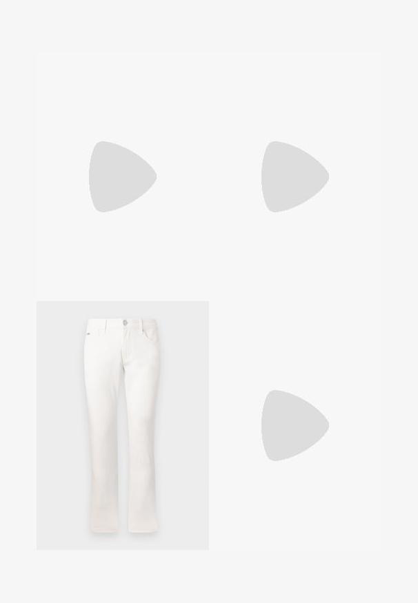 Camisola preta de manga comprida feita de algodão suave, com um decote redondo e um pequeno detalhe em logo dourado no peito.; Jeans brancos com um corte slim, feitos de tecido de algodão. Apresentam cinco bolsos, um fecho de botão metálico e um detalhe de costura subtil.; Tênis brancos com parte superior de couro liso, bico redondo e sola de borracha grossa. Apresenta costuras mínimas e um detalhe de logotipo discreto na lateral.; Óculos de sol redondos pretos com lentes escuras e hastes metálicas finas. Inclui pontas de templo transparentes e detalhes em prata na dobradiça. Design minimalista.
