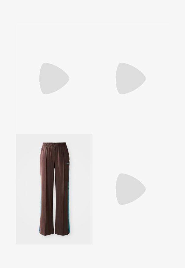 Top de cuello alto de manga larga en color teal con rayas horizontales en azul oscuro. Presenta un pequeño logo en blanco y dorado en el pecho. Tejido suave y elástico.; Pantalones deportivos marrones con textura acanalada, cinturilla elástica y rayas laterales turquesas. Presenta el logo de adidas en la parte frontal.; Zapatilla deportiva de ante marrón con rayas y logotipo en rosa, con parte superior texturizada, cierre de cordones y suela de goma.; Gafas de sol tipo aviador con lentes azul degradado, montura de metal plateado y acentos decorativos de estrellas en los lentes. Diseño suave y elegante.