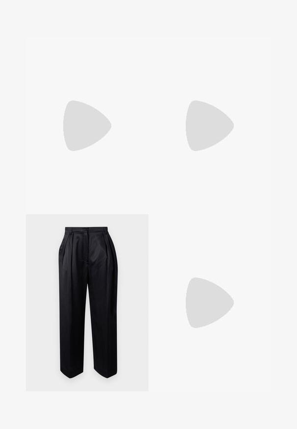 Débardeur marron à côtes avec une coupe ajustée, un col rond et sans manches. L'étiquette indique "DAY" en haut.; Pantalons noirs taille haute en tissu lisse, dotés de plis marqués, de jambes larges et d'une coupe droite avec un ourlet légèrement effilé.; Sandale noire à talons hauts avec des franges, bride de cheville avec quincaillerie dorée, bout carré plat et deux brides croisées sur l'empeigne.; Sacoche en cuir noir avec une forme courbée, fermeture éclair et bandoulière réglable. Présente un logo en relief sur le devant.