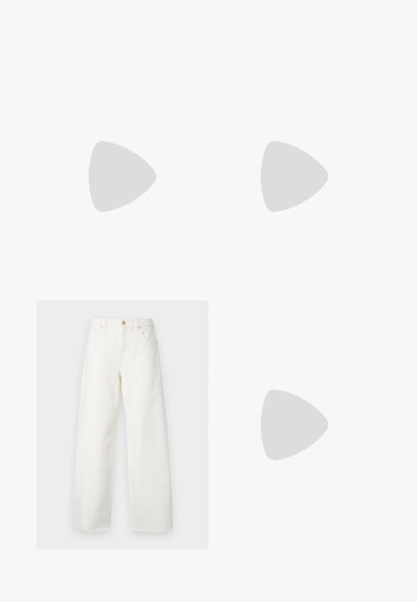 White knitted sweater with long sleeves, high neckline, and scalloped lace trim at the bottom. Soft texture with a cropped design.; White wide-leg jeans made of denim. Features a button closure, front pockets, and a clean finish without visible distressing or patterns.; Black leather slingback heels with a pointed toe, featuring a slim heel and a gold-tone accent on the adjustable strap. Smooth texture.; Black leather handbag with a structured design, featuring a cropped shape, top handle, and gold hardware accent. Adjustable shoulder strap included.