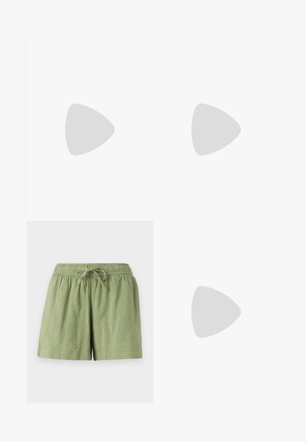Light green cotton t-shirt with a round neckline, short sleeves, and a circular graphic print on the chest. Soft texture, relaxed fit.; Light green cotton shorts with an elastic waistband and drawstring. Features side pockets and a textured fabric finish.; White leather sneaker with beige suede accents, perforated toe box, flat laces, and a textured cream sole. Features subtle branding on heel.; Purple-tinted rectangular sunglasses with thin gold metal frame. Features clear nose pads and light purple plastic temple tips.