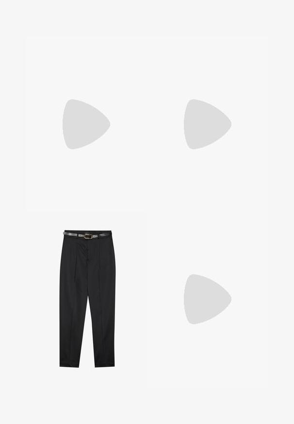 Black swimsuit with a fitted design, featuring adjustable straps and silver hardware accents at the shoulders. Smooth, textured fabric.; Black trousers with a smooth fabric, featuring a fitted waistband and a textured grey belt with a gold buckle. Slightly tapered legs.; Black patent leather slingback heels with a pointed toe, a rounded cutout design, and a block heel. Features a gold-tone buckle accent.; Black handbag with structured shape, smooth texture, and a metallic clasp. Paired with wide black pants and open-toe sandals on wooden floor.