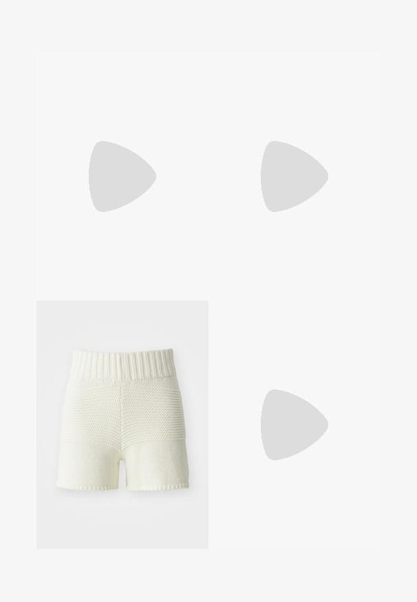 White strapless top featuring a fitted bodice with a tie at the front and layered ruffles at the hem, made from soft, lightweight fabric.; Knit shorts in off-white with a ribbed waistband, featuring a texture contrast between the top and bottom sections, hemmed edges.; Black patent leather slingback pump with pointed toe, slender high heel, and dual elastic strap for secure fit. Smooth, shiny surface.; Tortoiseshell sunglasses with elongated oval lenses, brown tint, gold logo accents on temples, and sleek black arms.; Curved cream leather handbag with a single strap, gold hardware, and subtle branding at the bottom. Zipper closure along the top edge.