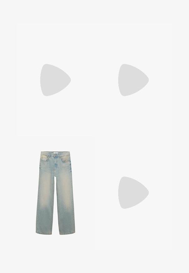 Päällekkäinen leopardi-kuosiselle pitkähihaiselle puserolle beige ja musta, jossa V-kaula-aukko ja mustat yksityiskohdat hihoissa. Valmistettu sileästä synteettisestä kankaasta.; Mango Relaxed fit -farkut - light blue; Ruskeat mokkanahkakenkä, jossa on kolme valkoista raitaa, kultainen "Gazelle"-logo ja kuminen pohja. Varustettu pehmustetulla kielellä ja kantapäällä mukavuutta varten.; Selkeät kissamaiset aurinkolasit ruskeilla linsseillä ja kirkkailla kehyksillä. Mallilla on yllä vihreä ribattu paita ja ruudullinen bleiseri. Kultaiset renkaita korvakorut.