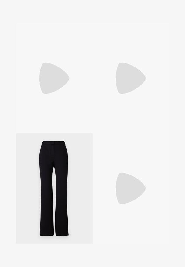 Black cotton t-shirt featuring a graphic design of Parisian streets with a tower, accented with pink and white line art. Crew neckline.; Black trousers featuring a straight cut, smooth texture, and a waistband with a single button closure. No visible patterns or accents.; Black leather slingback heels with a pointed toe, slender heel, and decorative buckle detail on the vamp. Smooth texture and sleek design.; Beige leather handbag with a structured, triangular shape, featuring a silver chain handle and a cursive logo in metal.