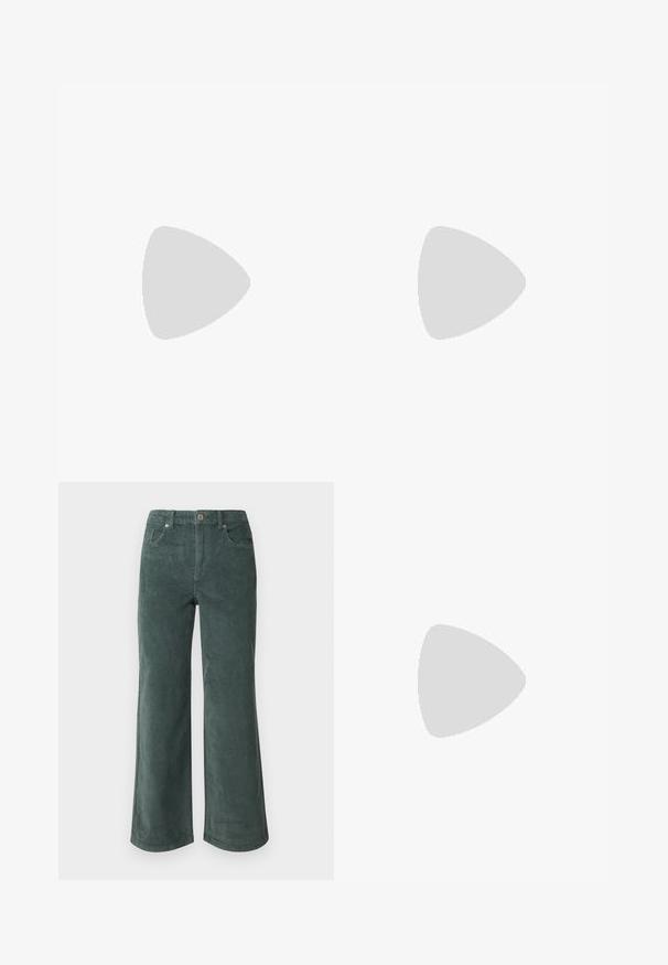 Dlhý rukáv s olivovo zeleným telom, bielym okrúhlym golierom a bielymi manžetami. Vyrobené z rebrovanej textílie s priliehavým strihom.; Vero Moda Petite VMTESSA PANTS - Nohavice - balsam green; Biele tenisky s červenými semišovými pruhmi, modrým semišovým akcentom na päte a textúrovanou hnedou gumovou podrážkou. Obsahujú šnurovacie uzatvorenie a logo.; Hnedá taška cez rameno vyrobená z hladkého materiálu, s veľkou prednou kapsou, dvoma uchami a zjednodušeným, štruktúrovaným dizajnom.; Zlaté kruhové náušnice s hladkým, lesklým povrchom. Cirkulárny dizajn s malým steblom a jasným záznamom pre bezpečné nosenie.