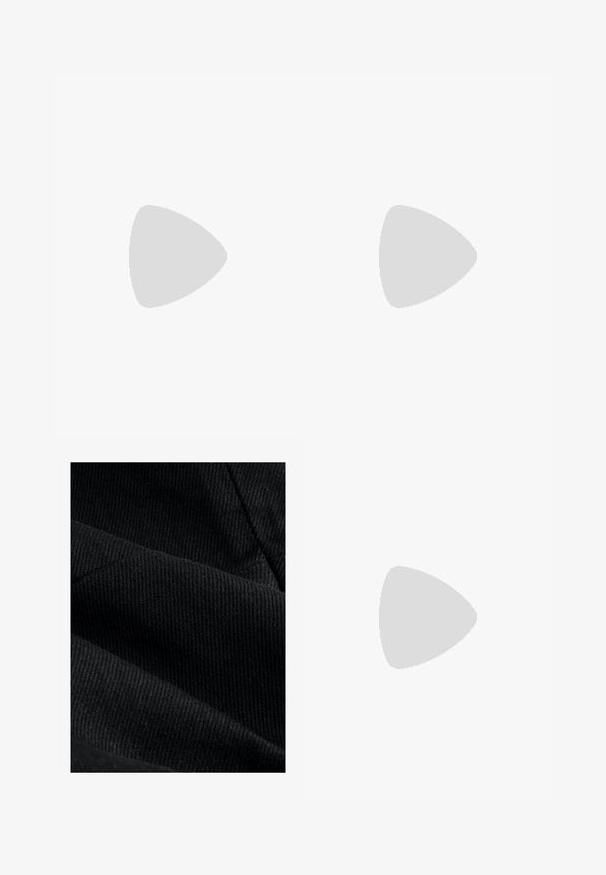 Garšīgas piedurknes tumši sarkans velūra polo krekls ar baltu apkakli, pogu piegriezumu, teksturētām vertikālām svītrām, Adidas logo un baltām sānu svītrām.; Melna auduma ar ciešu riboto faktūru, kurā redzamas dažādas toņu variācijas un smalka krāsu dziļuma spēle, kas atklāj gludu virsmu un maigu apdari.; Zilas zamšādas kurpes ar rozā svītrām un baltām šņorēm, aprīkotas ar gumijas zoli, kopā ar brīvām džinsu biksēm uz zaļas virsmas.; Melnas ādas rokassoma ar izliekta formu, noņemamu siksnu un zelta aksesuāriem. Somai ir vāciņš ar sprādzes detaļu.