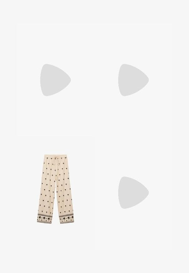 Part Two ANNE - T-Shirt basic - bright white; Beige weite Hose mit schwarzem Palmbaum-Muster, elastischem Bund mit Kordelzug und kontrastierendem Musterbesatz am Saum.; Schwarze Ballerinas aus glattem Leder mit einer runden Schuhspitze und einer kleinen dekorativen Schleife vorne. Flacher Absatz.; Runde, braun getönte Sonnenbrillen mit einem glänzenden burgunderfarbenen Rahmen. Schlanke Bügel mit dezentem Branding. Flaches Linsendesign.; Schwarze Umhängetasche aus Kunstleder mit rechteckiger Form, goldenen Beschlägen, einem Magnetverschluss und einem abnehmbaren Schulterriemen. Strukturierte Oberflächendetails.