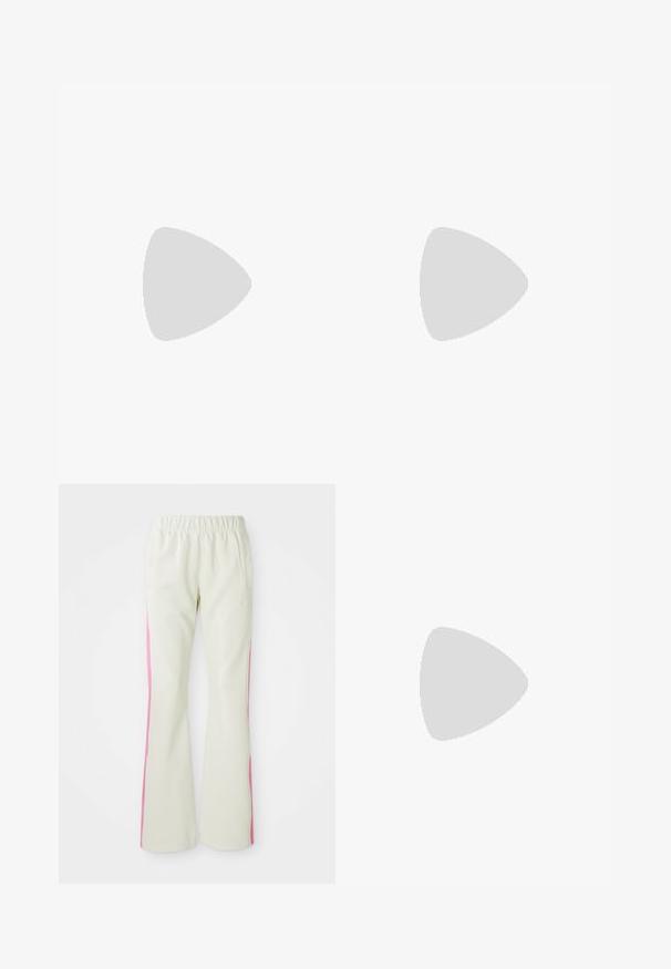 White ribbed tank top with a round neckline and green Lacoste logo on the chest, paired with matching white pants.; Light beige pants with an elastic waistband, featuring pink side panels and side pockets. Smooth texture with a straight-leg design.; Light blue athletic shoes with white accents, textured panels, and a zip closure. Features a visible air cushioning sole and rubber outsole.; Dark blue denim bag with a soft, slouchy shape, featuring a hobo-style handle and textured surface. No visible hardware accents.