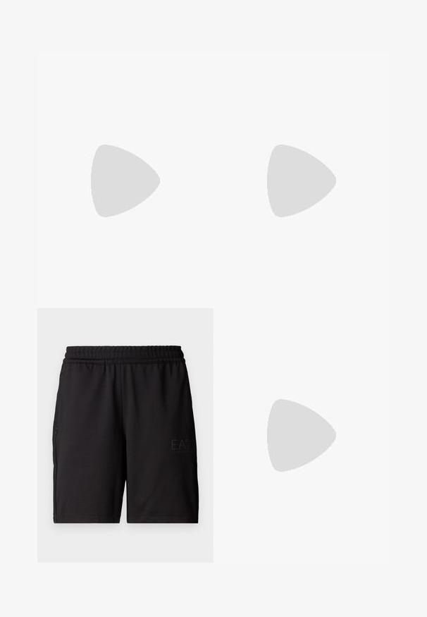 Tummanharmaa lyhythihainen polo-paita, jossa on kolme nappia ja hienovarainen EA7 Emporio Armani -logo vasemmassa rinnassa.; Musta urheilushortsit, jotka on valmistettu kevyestä kankaasta. Shortsien vyötäröllä on joustava resori ja sivuilla verkkokankaiset paneelit. Brändilogo on painettu etuosaan.; Mustat nahkakengät, joissa on sileä pinta, pyöreä kärki ja koristeellinen nauha jalkapöydän yli. Matala pinoitu koroke, minimalistinen muotoilu.; Mustat suorakulmaiset aurinkolasit tummilla linsseillä, paksu muovikehys, kultaiset korostukset temppeleissä ja brändin logo kaiverrettuna varteen.