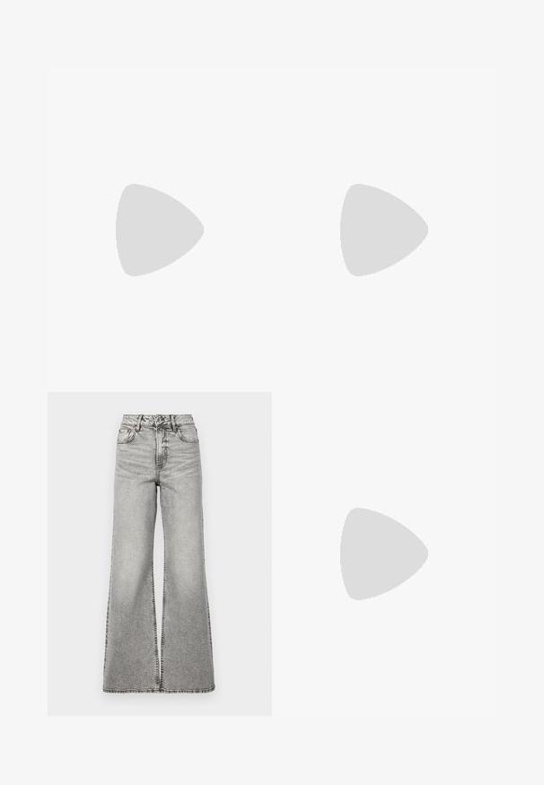 Short-sleeve beige ribbed knit t-shirt with crew neckline, displayed against a plain white background.; High-waisted, wide-leg jeans made of light gray denim. Features a button and zipper closure, front pockets, and visible seams.; Black patent heeled sandals with a square toe, ankle straps, and silver buckles. Features a chunky block heel for stability.; Black leather tote bag with smooth texture, rectangular shape, and two long handles. No visible hardware or embellishments.