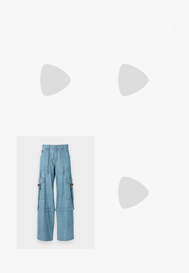 Top fără bretele de culoare bleu deschis, realizat din material cu paiete. Are o suprafață texturată cu paiete rotunde suprapuse pentru un plus de strălucire.; Pantaloni cargo bleu deschis din denim, cu picioare late, numeroase buzunare și accente metalice cu cusături vizibile.; Adidași voluminoși cu talpă neagră, parte superioară albă și neagră, șireturi roz, interior roz și marcaj "Versace Jeans Couture" pe lateral și călcâi.; Ochelari de soare octogonali albi cu lentile întunecate. Au detalii din metal aurit și un design texturat pe brațe.