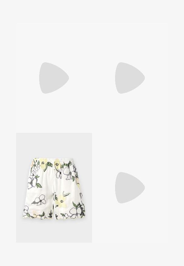 Långärmad bodysuit i genomskinlig röd mesh med svarta tigerrandiga mönster, med hög krage och dragkedja bak.; Vita shorts med blommönster i gult, lila och svart. Har elastisk midja och vågig avslutning. Dragsko stängning.; Svarta läder högklackade mule-skor med öppen tå, spetsig design, slät yta och en smal stiletto-häl.; Svart vävd väska med en unik halvmåneform, försedd med ett runt handtag och subtil logotypdetalj framtill. Texturerad yta genomgående.