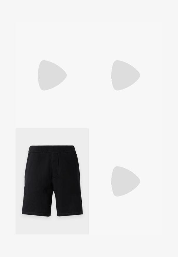 Camiseta blanca con un gráfico colorido que incluye el texto "DSQ UAR ED2", un acento de corazón rojo, mangas cortas y un diseño de cuello redondo.; Shorts deportivos negros hechos de material suave; cuentan con una cinturilla elástica, dos bolsillos laterales y costuras en contraste.; Zapato de cuero negro con superficie texturizada, puntera redonda y diseño de cordones con dos ojales. Cuenta con una suela plana y un branding minimalista en el lateral.; Gafas de sol rectangulares con lentes azul oscuro, montura de metal dorado y terminales de plástico negro. Almohadillas nasales transparentes y detalle de logo en las varillas.