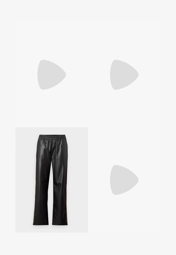 Cream cotton T-shirt featuring the word "GAP" in bold black letters, surrounded by multi-colored floral graphics. Short sleeves and round neck.; Black faux leather pants with an elastic waistband, straight leg design, and contrasting side stripes. Smooth texture and minimalist style.; White leather sneaker with perforated toe box, textured sole, and white laces, paired with wide red pants and a blue and yellow background.; Cat-eye sunglasses with a black and orange tortoiseshell frame, brown lenses, and sleek, pointed tips. Features a minimal logo on the temple.; Gold hoop earrings with a smooth, shiny finish. Circular design featuring a small post and clear backing for secure wear.