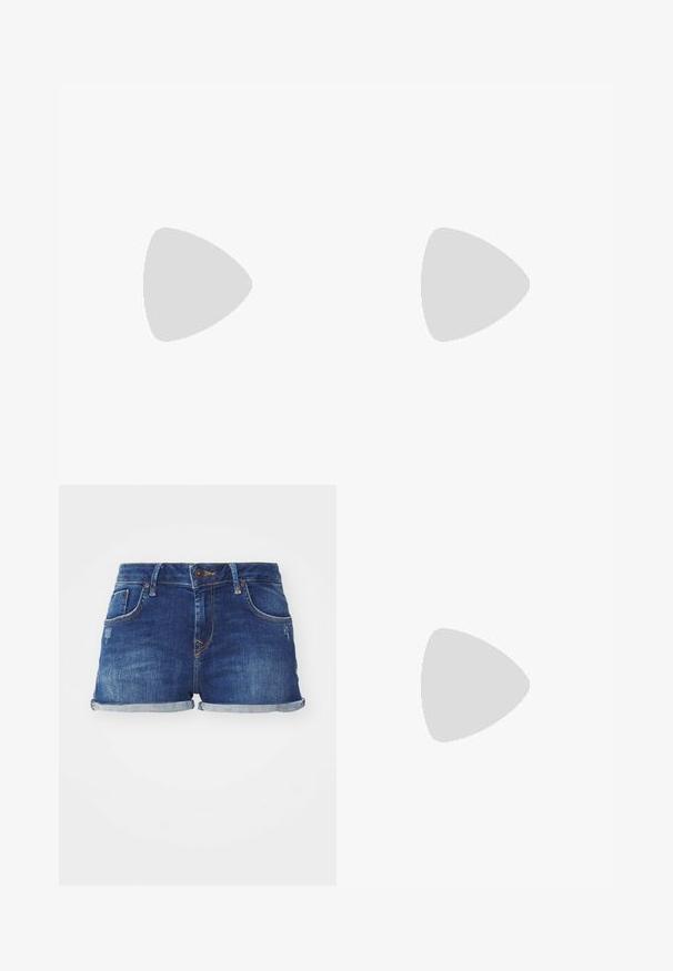 JDY NANNA NOOS - Top - cloud dancer/sky captain; Denim shorts in dark blue with a distressed finish, five-pocket design, and rolled cuffs. Features contrasting stitching and a button closure.; Black leather ballet flats featuring a rounded toe, a small bow accent on the front, and a low, rectangular heel. Smooth texture.; Blue denim bag with a padded, rounded shape and a curved handle. The texture is soft, featuring visible stitching and a smooth finish.