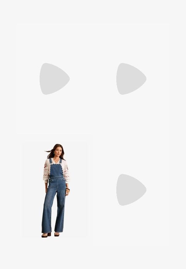 Piros pamut trikó széles pántokkal és kerek nyakkivágással, sima textúrával és testhezálló sziluettel. Nincsenek minták vagy díszítések.; Denim overáll, hullámos mintával a mellrészen, trapéz lábakkal és oldalsó zsebekkel. Fehér hímzett blúzzal és fa kiegészítőkkel párosítva.; Barna bőr térd fölé érő csizmák négyzet alakú orral, fekete gumi talppal és állítható csattal. Egy szürke csíkos szoknyával viselve.; Barna bőr kézitáska geometrikus mintával, felső fogantyúval és sárgaréz cipzár díszítéssel. A logó a táska oldalán van bedomborítva.