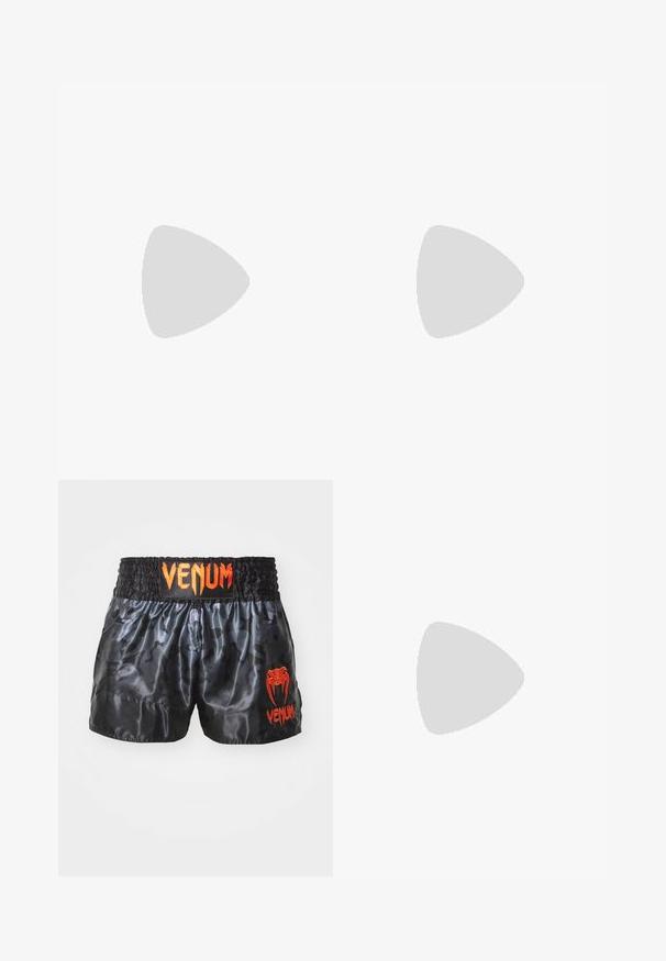 Black short-sleeve T-shirt featuring geometric white graphic design, including lines and text, with a tag at the bottom left side.; Black satin boxing shorts with a camouflage pattern, featuring an elastic waistband and bright orange "VENUM" logo on the front.; High-top athletic shoe featuring a black mesh exterior with beige accents. Textured rubber sole and logo detail on the side.; Black boxing gloves with a matte finish and ergonomic design. Orange logo detailing and camouflage-patterned wrist straps.