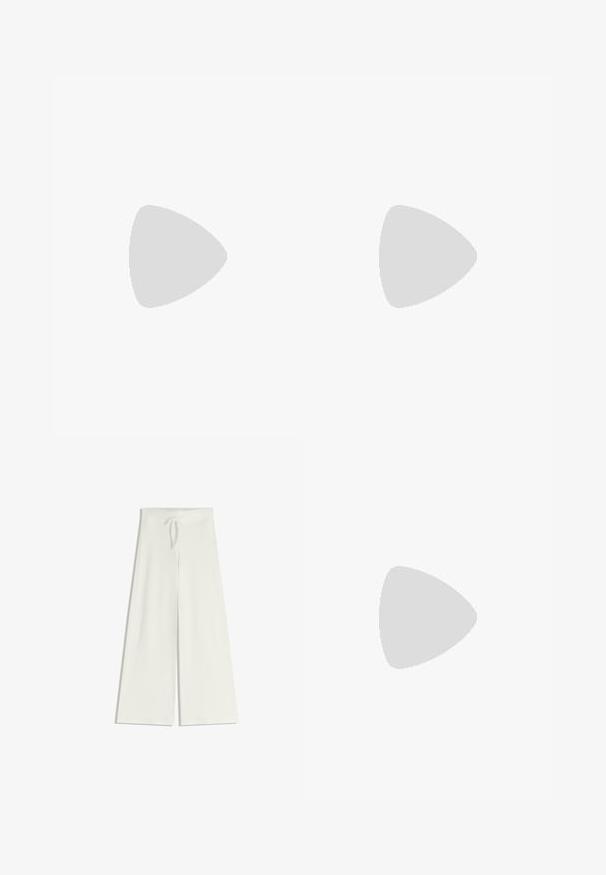 Beige sweater with a high neck, ribbed cuffs, and hem. Oversized fit with a soft texture. Paired with a brown skirt.; Wide-leg, white pants made of soft knit fabric, featuring an elastic waistband with a drawstring for adjustable fit. Smooth texture, no patterns.; Tan suede ankle boot with a platform sole, rounded toe, and stitching accents; features a pull tab at the back for easy wear.; Two satin scrunchies, one white and one black, featuring a ruffled design and smooth texture, displayed against a plain white background.