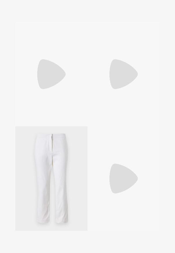 Fekete ujjatlan felső magas, álló gallérral, textúrált dizájnnal, fekete flitterekkel díszítve, virágmintákban elrendezve.; Fehér pamut nadrág egyenes lábformával, közepes derékkal, látható fémrészek vagy minták nélkül. Sima textúra az egész anyagon.; Fekete bőrből készült, térd fölé érő csizma, lekerekített orral, sima felülettel, minimalista dizájnnal és lapos talppal. Egyszerű varrási részletek a szárán.; Fekete bőr kézitáska, amely strukturált kialakítással rendelkezik, dupla felső fogantyúval, arany tónusú csattal és a márka dombornyomott logójával az elején.