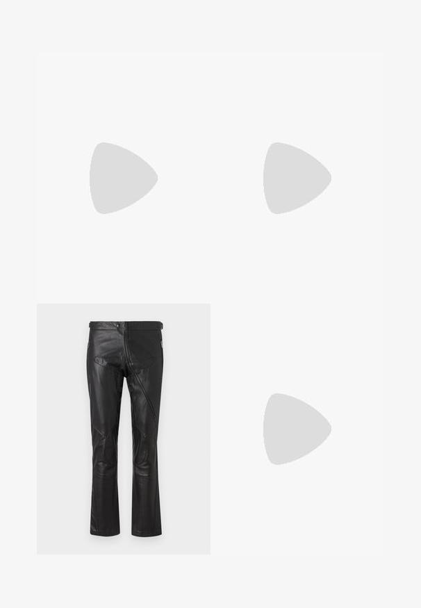 Light blue long-sleeve shirt with a ribbed texture and a round neckline. Features fitted cuffs and a simple branded label on the collar.; Black leather pants with a straight-leg design, featuring zippered pockets, knee patches, and adjustable waist details. Smooth texture.; Black leather loafers with a smooth texture, rounded toe, and a decorative strap across the vamp. Low stacked heel, minimalist design.; Black round sunglasses with dark lenses and slim metal arms. Includes clear temple tips and silver accents at the hinge. Minimalist design.