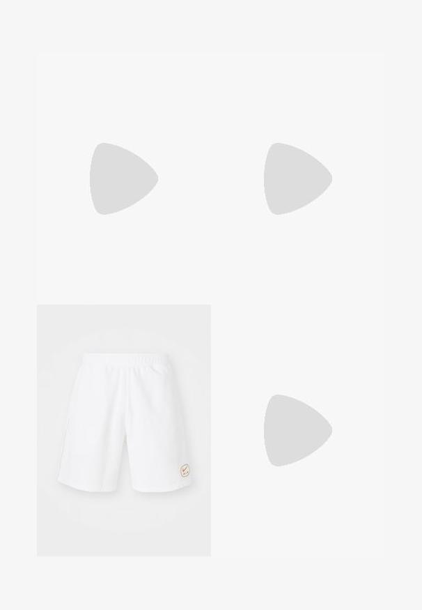 White polo shirt featuring horizontal stripes in light beige, with a gold "AIR" text and small Nike logo on the chest. Lightweight fabric.; White athletic shorts with an elastic waistband, made of a smooth fabric, featuring a small orange Nike Air logo on the bottom right.; White athletic shoes with textured overlays, a chunky sole, and gray accents. Worn with white crew socks and green shorts on a blue surface.; Sunglasses with a sleek, silver plastic frame, dark tinted lenses, and curved shape. Features bold accents and a lightweight design.