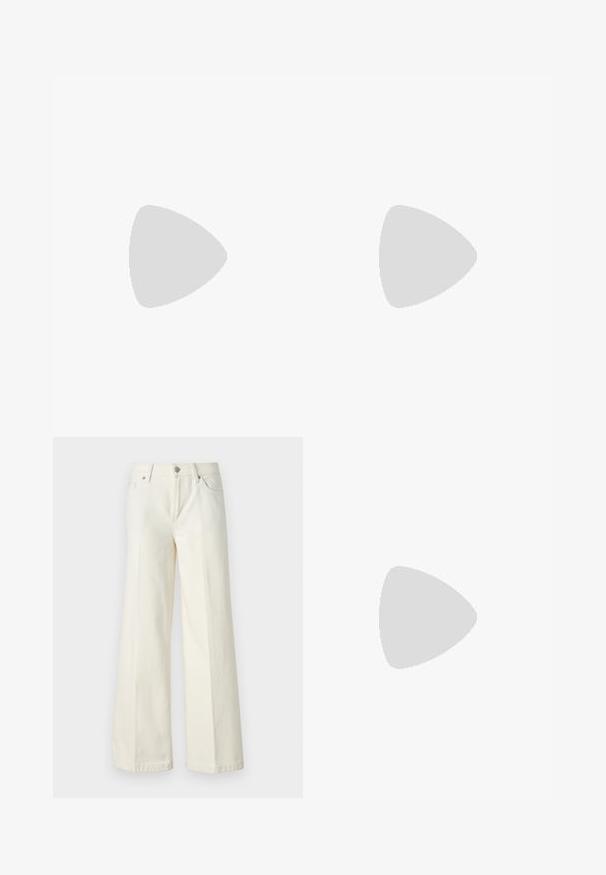 White cotton t-shirt with a relaxed fit, featuring a red and blue "Guess Jeans" logo embroidered across the chest. Short sleeves.; Wide-leg white jeans made from cotton blend fabric. Features a zipper fly, five-pocket design, and stitching along the seams.; White sneaker made of leather with a smooth texture, featuring a silver accent on the heel, flat sole, and minimalistic design.; Black hexagonal sunglasses with gradient lenses, featuring a glossy finish and subtle branding on the temple. Durable plastic construction.