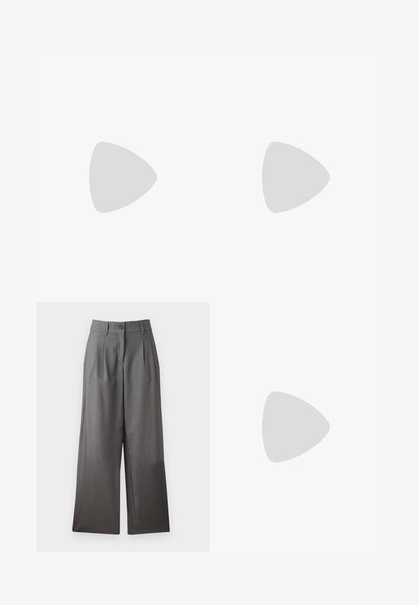 Black ribbed crop top with a round neckline, featuring a small gold heart logo on the chest and a fitted design. Material appears smooth.; Wide-leg trousers in dark gray fabric, featuring a button closure, pleats at the front, and smooth texture. No patterns or accents visible.; White leather sneaker with beige suede accents, perforated toe box, flat laces, and a textured cream sole. Features subtle branding on heel.; Black faux leather handbag with a crocodile texture, cinched top, and a scrunched strap. Appears soft and compact in design.