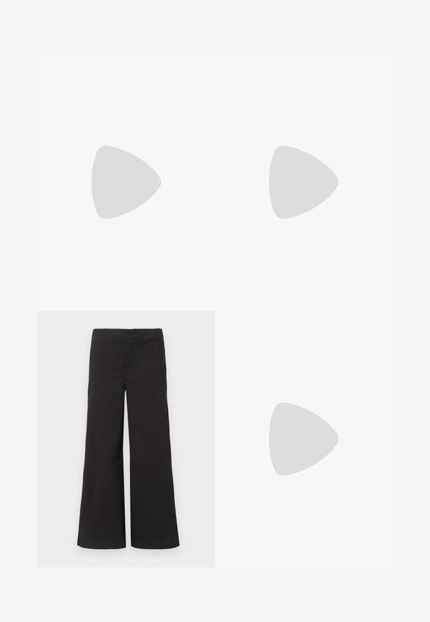 Short-sleeve t-shirt in cream with large black floral pattern, round neckline, and relaxed fit, made from soft cotton material.; Black wide-leg trousers made of smooth fabric, featuring a simple waistband and no visible hardware or patterns. Crisp, clean lines.; Black leather mules with a pointed toe and low, block heel. Smooth texture with a sleek design. Open back with minimal detailing.; Black leather shoulder bag with a soft texture, triangular shape, and adjustable strap, paired with a light blue striped shirt and white pants.