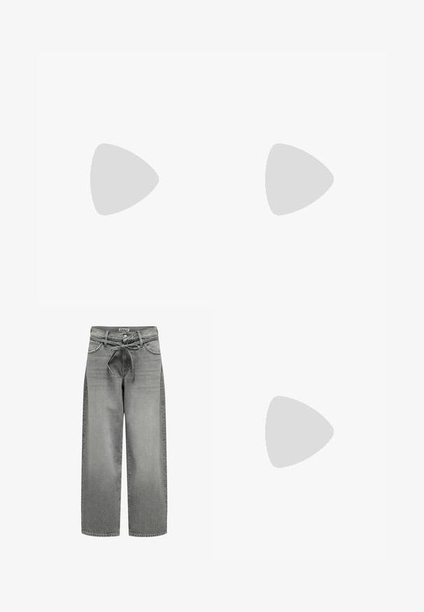 Gray cotton t-shirt with short sleeves, crew neck, featuring "TOMMY HILFIGER EST. 1985" logo in white across the chest.; Wide-leg gray denim jeans with a drawstring waistband and front pockets. The fabric features a slight texture and faded finish.; White and light green New Balance athletic sneaker with mesh fabric, beige sole, and black tread, shown from the side on a plain background.; Dark blue denim bag with a soft, slouchy shape, featuring a hobo-style handle and textured surface. No visible hardware accents.