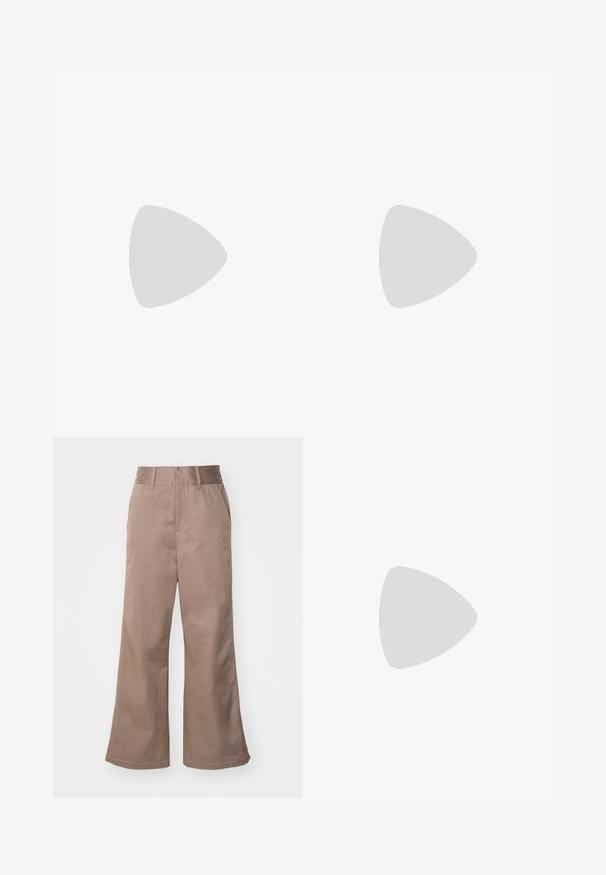 Ζωντανό μωβ αμάνικο μπλουζάκι με V λαιμόκοψη, που διαθέτει αφηρημένα σχέδια σε πράσινο, κίτρινο, κόκκινο, μαύρο και λευκό. Λείο φινίρισμα υφάσματος.; Καφέ βαμβακερά παντελόνια σε φαρδιά γραμμή με ψηλή μέση, μπροστινές τσέπες και λεία υφή. Το τελείωμα είναι ελαφρώς φαρδύ.; Nike Sportswear FIELD GENERAL - Αθλητικά παπούτσια - off-white/black; Μαύρα οβάλ γυαλιά ηλίου με σκούρους φακούς. Ο σκελετός είναι κομψός, ελαφρώς γυαλιστερός πλαστικός με γωνιαστές άκρες και διακριτική σήμανση στους βραχίονες.