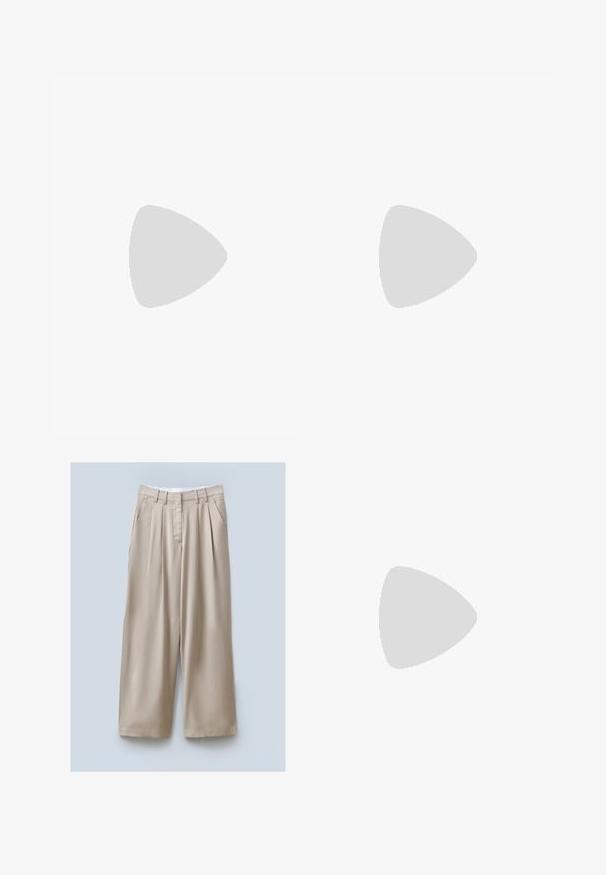White sleeveless tank top featuring a light pink embroidered Diesel logo at the chest. Made of soft cotton material, smooth texture.; Beige wide-leg trousers with a textured finish, featuring two side pockets, front pleats, and a waistband for secure fit.; Athletic shoe featuring a light gray mesh upper with suede accents, white laces, and a black rubber sole. Notable ABZORB cushioning detail.; Brown tortoiseshell sunglasses with oval lenses and dark grey tint. Features a gold-tone accent on the temples. Smooth plastic texture.