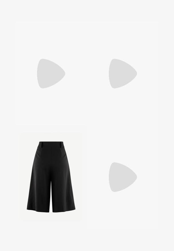 Black ribbed tank top with adjustable spaghetti straps, featuring a fitted silhouette and a smooth texture.; Black wide-leg trousers with a pleated front, high waist, and smooth fabric texture. Features a clean, minimal design without visible hardware.; Black leather knee-high boot with a smooth texture, rounded toe, low block heel, and subtle stitching detail along the side.; Black leather bucket bag with drawstring closure, featuring a glossy "CK" logo on the front and gold-tone hardware accents.