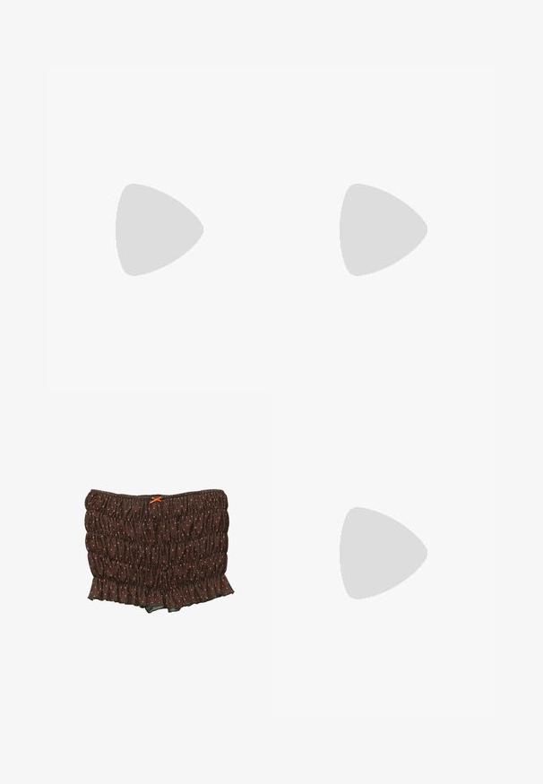 Brown bralette top with gathered fabric and thin straps, featuring orange polka dots and a ruffled edge along the top and bottom.; Brown, ruffled fabric with orange polka dots and a small orange bow at the top. Elastic waistband provides stretch and comfort.; MIISTA CLEM - Wedge Ankle Boots - black; Cat-eye sunglasses with a black and orange tortoiseshell frame, brown lenses, and sleek, pointed tips. Features a minimal logo on the temple.