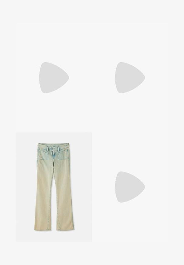 Top fără mâneci de culoare verde mentă, cu o textură cu nervuri, având o decupare rotundă și un accent metalic. Eticheta "Diesel" este vizibilă la guler.; Jeans din denim albastru deschis cu tiv evazat, cu un finisaj decolorat, prezentând bucle pentru curea, două buzunare frontale și două buzunare din spate cu accente de cusătură.; Pantofii slingback din piele lăcuită neagră, cu vârf ascuțit, bretele pentru gleznă cu catarame și accesorii din argint, și un toc subțire.; Geantă crossbody din denim cu un maner din piele neagră, design oval al logo-ului pe față și închidere cu fermoar în partea de sus. Finisaj texturat.