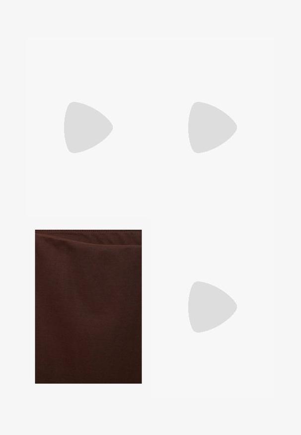 Brown sleeveless top with a square neckline, featuring front button details and a smooth, textured fabric.; Dark brown fabric, smooth texture, slightly shiny finish, no visible patterns or accents, features a clean and simple design.; Black leather cowboy boot with pointed toe, embossed swirling patterns, and a mid-height heel. Features a pull tab for easy wear.; Even&Odd Sunglasses - black