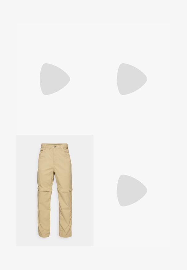 Hvid kortærmet t-shirt med et sort logo på øverste venstre bryst og blåt designdetalje nær kanten. Blødt, let stof.; Beige zip-off bukser med en glat tekstur, der har to sidelommer, en knaplukning og opsmøgede bukseben for alsidighed.; Vandrestøvle i olivengrøn og sort med pink accenter. Har en tekstureret overdel, fleksibel sål, forstærket tåhætte og farverigt snøresystem.; Hvide solbriller med brune linser, oval form, lavet af glat plastik, med grå accenter på stængerne og et logo på rammen.