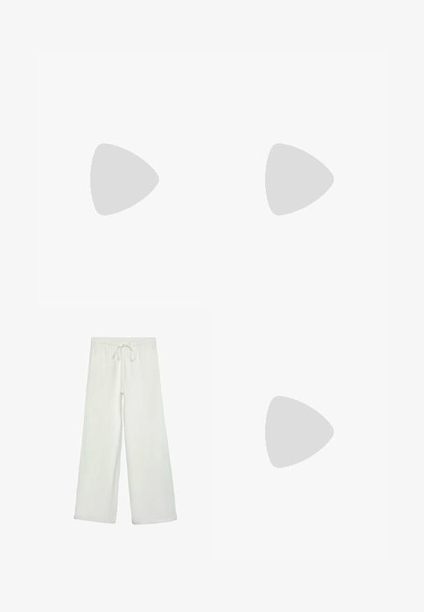 Peach-colored, sleeveless top with ruffled layers, a v-neckline, and thin adjustable straps. Features a tie closure at the back.; White wide-leg pants made of soft fabric. Features an elastic waistband with a drawstring and a smooth texture. No visible patterns or hardware.; White high-heeled sandal with a chunky heel, featuring a strappy design and ankle tie. Smooth texture with a platform front for added height.; White synthetic handbag with a triangular shape, flat front flap and bow detail, adjustable strap, smooth texture, and minimalistic design.