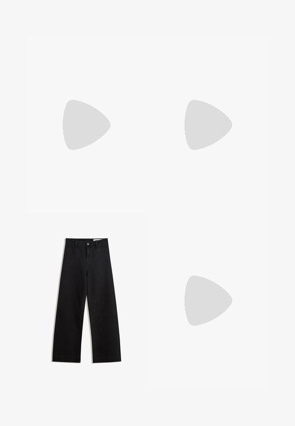 Top fără mâneci de culoare verde deschis, cu decolteu larg și un detaliu mic în formă de cheie. Material neted, croială dreaptă și fără modele sau accente vizibile.; Pantaloni din denim negri cu picioare largi, cu talie înaltă, având buzunare frontale și posterioare, cusături dublate și închidere cu nasture. Textură netedă.; Pantofi cu toc slingback din piele lacuită neagră, cu vârf ascuțit și toc geometric. Prezintă un design elegant, minimalist și o textură netedă.; Geantă hobo din piele neagră, cu o textură netedă, formă curbată și un singur bretele ajustabil; are o deschidere largă în partea de sus.