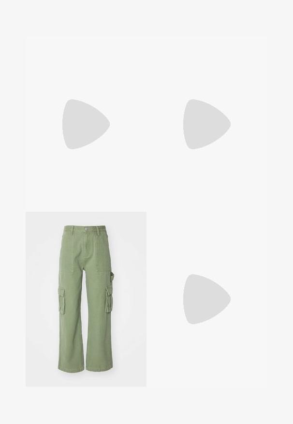 Valkoinen puuvillapaita lyhyillä hihoilla, jossa on vasemmassa rinnan kohdassa vaaleansinen grafiikka palmupuusta ja aalloista.; Vihreät puuvillaiset cargo-housut, joissa on leveä lahjesuunnittelu, kahdella suurella sivutaskulla ja nappikiinnitys vyötäröllä. Rakennekangas.; Valkoinen kangaskengät matalalla varrella, jossa on kumipohja, pyöreä kärki, nauhakiinnitys ja sivuilla nahkasaumadetail.; Kultasankaiset aurinkolasit, joissa on tummat linssit, kissamainen muoto ja mustat sankaruet, joista toisella puolella on sateenkaaren aksentti.