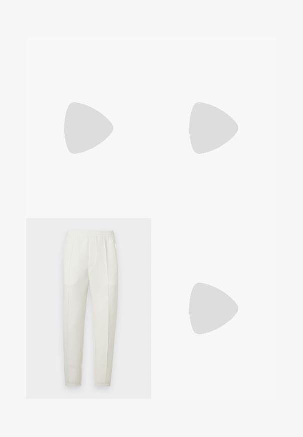 Bejā īsās piedurknes T-krekls, kas izgatavots no kokvilnas, ar apaļu kakla izgriezumu un melnu logo uzlīmi priekšā. Gluda tekstūra un brīvs griezums.; Baltas slaidas bikses ar elastīgu jostasvietu, kurām ir divas sānu kabatas un gluda, nedaudz spīdīga tekstūra.; Melna ādas kedas ar zemu profilu, noapaļotu purngalu un savelkamu aizdari; ar teksturētu gumijas zoli un logotipa detaļu uz papēža.; Melnas ādas clutch soma ar teksturētu virsmu, priekšējo rāvējslēdzēja kabatu un noņemamu roku siksnu. Iekļauts logotipa uzlikums priekšpusē. Taisnstūra forma.