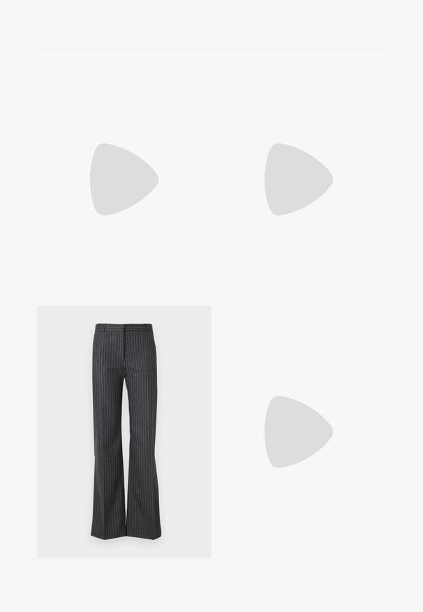 Light blue athletic crop top made from smooth fabric, featuring a racerback design and logo in darker blue at the waist.; Gray flared trousers made from a textured fabric with thin vertical white stripes, featuring a standard waistband and front pockets.; Black leather slingback shoe with a pointed toe, decorative straps featuring metal eyelets, and a low block heel. Textured surface.; Black leather tote bag with two long handles, a smooth texture, and a wide strap featuring a buckle detail at the top.
