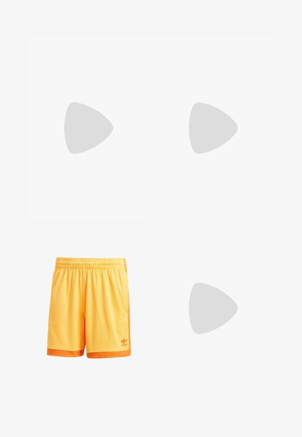 White cotton t-shirt with oversized fit, featuring a colorful graphic design in pink and blue on the front. Round neck, short sleeves.; Yellow mesh shorts with an elastic waistband, featuring orange accents at the hem and side stripes, and an embossed logo on the lower left.; Brown and blue plaid wide-leg trousers paired with white shoes featuring black accents and textured soles, set against a green background.; Brown rectangular sunglasses with tinted lenses, plastic frame, and metal accents on the sides. Features a sleek design and smooth texture.
