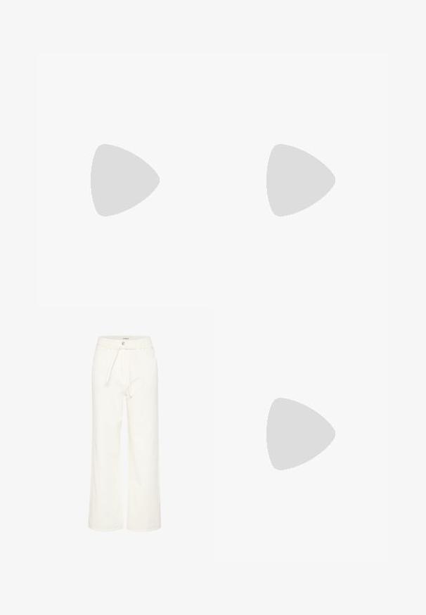 Jimmy Key Basic T-shirt - ecru; White wide-leg pants made of textured fabric, featuring a drawstring waist, front pockets, and a button closure.; White high-heeled sandal with a chunky heel, featuring a strappy design and ankle tie. Smooth texture with a platform front for added height.; Black handbag with structured shape, smooth texture, and a metallic clasp. Paired with wide black pants and open-toe sandals on wooden floor.