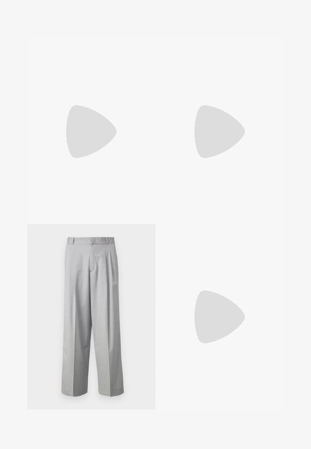 Kortermet, kragepolo skjorte i lys beige, laget av ribbestrikket stoff med tre knapper ved halsen. Enkel, teksturert design.; Lys grå vide ben bukser laget av et glatt stoff, med frontfolder og sidelommer, samt en skreddersydd midje.; Hvite og svarte joggesko med en glatt læroverdel, teksturerte detaljer og en kraftig hvit såle. Har en klassisk snøring.; Svart tekstil hofteveske med en buet form, som har en glidelås hovedrom og en frontlomme, med preget merkeetikett på forsiden.