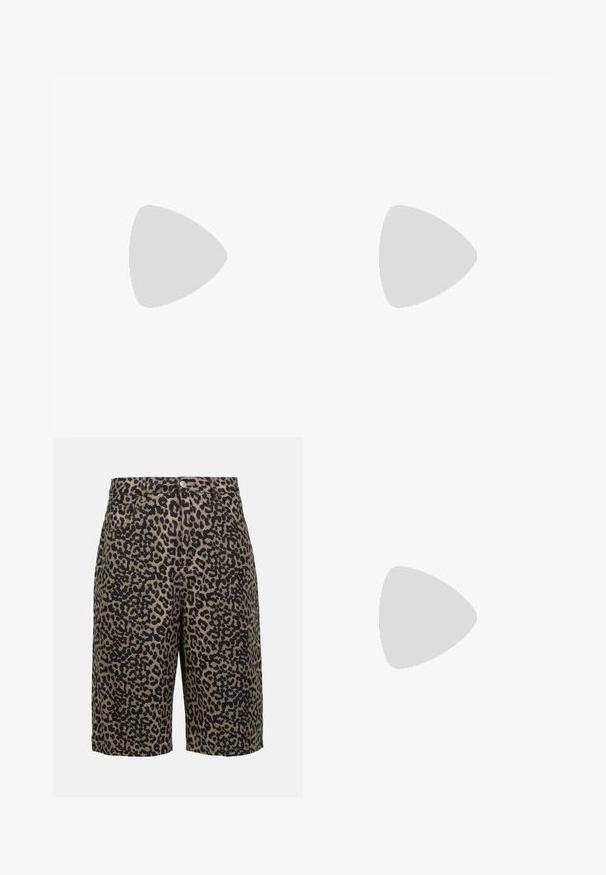 Valge polo särk tekstuuriga kangast, lühikeste varrukatega ja lukuga kraega. Vasakul rinnal on hall logo.; Leopardimusteriga denim-lühikesed püksid maalikates toonides, varustatud nööpe closure, viie tasku ja relaxed fit'iga.; Mustad mustus spordijalats, millel on võrk- ja nubukülem, kus on tekstuuriga disain ning tugev ning pehme hall tallad.; Digitaalne Casio kell musta näo, hõbedase roostevabast terasest rihmaga, ristküliku kujuline korpus ning nupud valguse, ringi nullimise ja režiimi kohandamiseks.