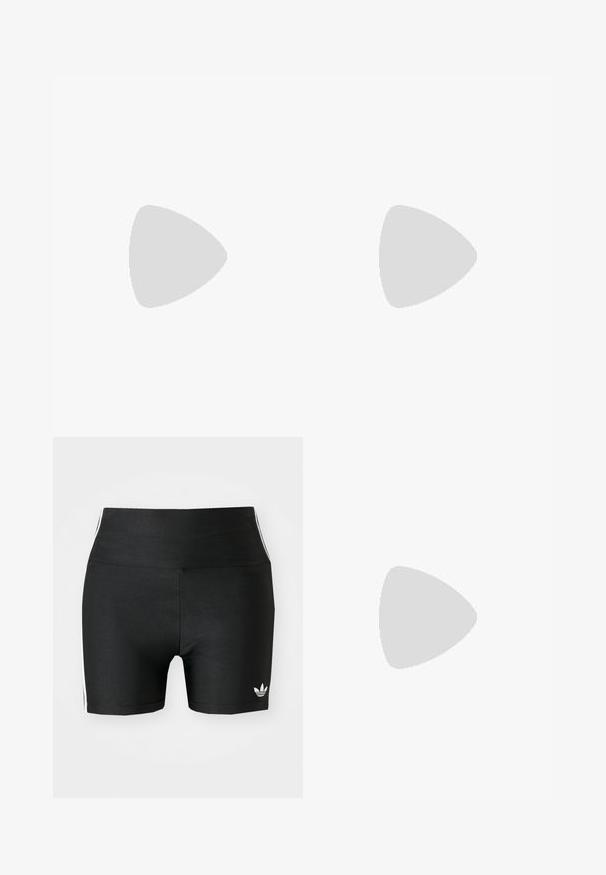 Haut en tricot noir, court, à manches courtes, présentant un motif texturé en ajouré et des bords festonnés au niveau de l'ourlet et des manches.; Shorts de sport noirs en tissu extensible avec une taille haute. Avec des bandes latérales blanches et un petit logo blanc en bas.; Sabots à imprimé zèbre noir et blanc avec une tige synthétique, une sangle à boucle ajustable, et une semelle en caoutchouc avec des coutures jaunes.; Lunettes de soleil noires avec un design ovoïde élégant ; verres dégradés sombres ; monture en plastique poli ; logo ZIGN sur l'armature intérieure.