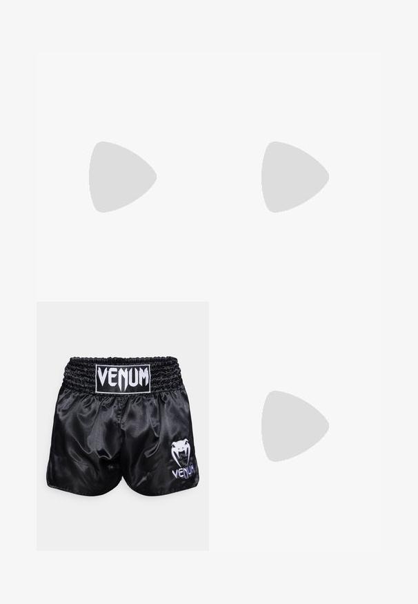 T-shirt de sport noir à manches courtes en tissu léger. Il présente un col rond et un logo « HYROX » imprimé avec un emblème Puma sur le devant.; Shorts de boxe en satin noir avec une taille élastique ; présente un logo blanc et un design de serpent sur la jambe gauche. Texture lisse.; Chaussure de sport montante avec un extérieur en mesh noir et des accents beiges. Semelle en caoutchouc texturée et détail de logo sur le côté.; Gants de boxe noirs avec une texture lisse, présentant un logo Venom blanc et une sangle ajustable à velcro pour un maintien sécurisé.