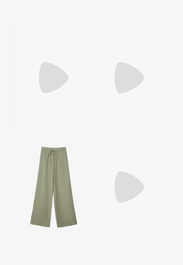 Navy blue sleeveless top with a V-neck, gathered waist, and adjustable tie. Features decorative stitching along the neckline and hem.; Stradivarius FLOWING RUSTIC - Trousers - khaki; Light beige running shoe with mesh and suede materials, featuring a cushioned sole, laces, and a grey accent at the heel.; Silver hoop earrings featuring a sleek, modern teardrop shape, smooth surface, and polished finish with a contemporary design.
