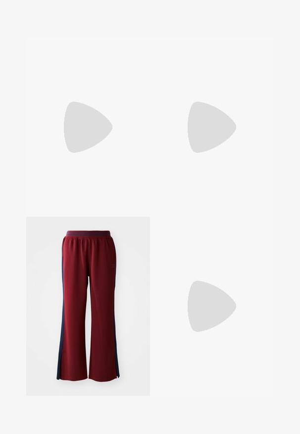 Striped tank top featuring alternating deep red and cream colors, ribbed texture, scalloped neckline, and hem.; Red sweatpants with a loose fit, featuring navy blue side stripes and a wide leg design. Elastic waistband for comfort.; Lightweight sneakers with a mesh upper in beige and cream, featuring a prominent "N" logo, cushioned sole, and textured accents.; White leather handbag with a ruched handle, bow detail on the front, and a floral accent attached. Smooth texture and rectangular shape.